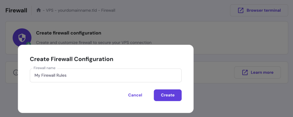 The Create Firewall Configuration popup on hPanel