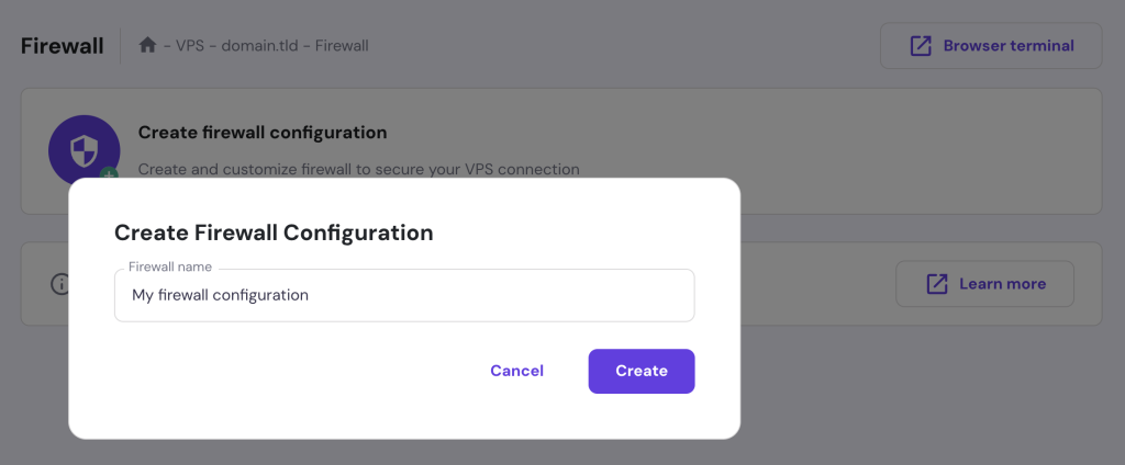 The Create Firewall Configuration popup on VPS' Firewall of hPanel
