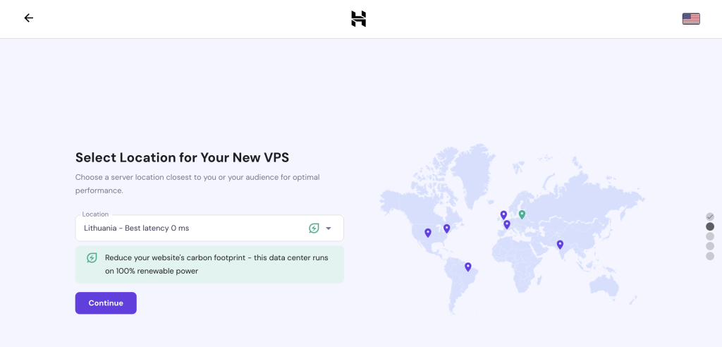 The Select Location window on Hostinger VPS' onboarding flow