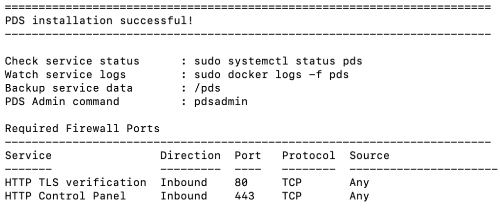 The successful PDS installation output on Terminal