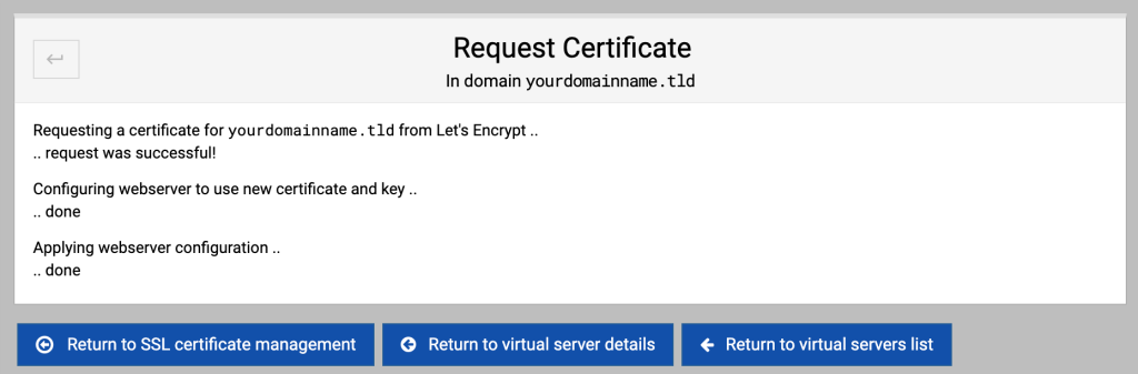 Webmin confirms a successful Let's Encrypt SSL installation