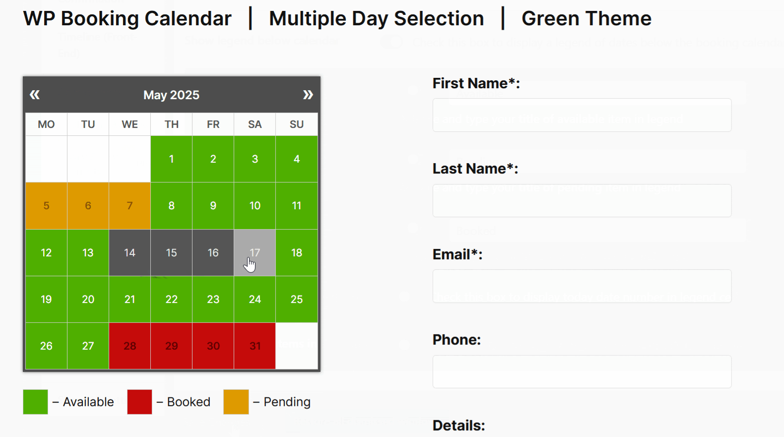 WP Booking Calendar interface