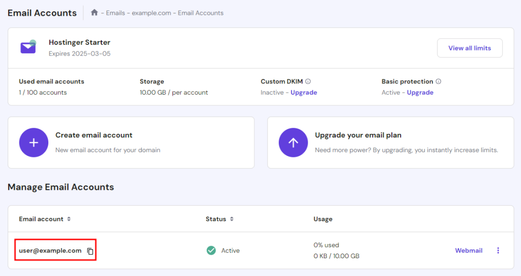 An admin email example in hPanel's Email Accounts section
