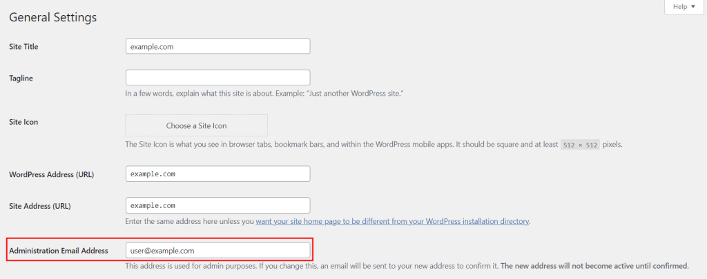 The General Settings in WordPress with the Administration Email Address field highlighted in red