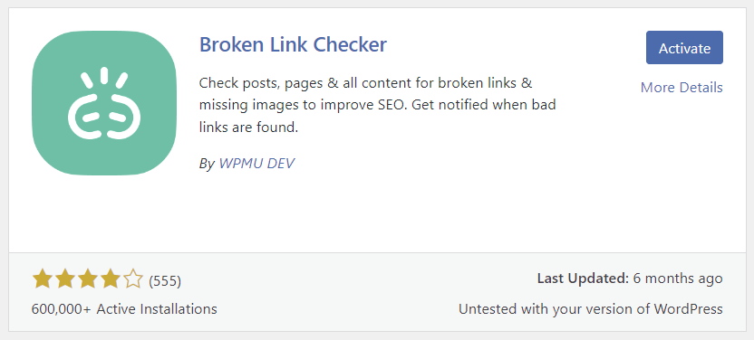 Broken Link Checker plugin listing in WordPress