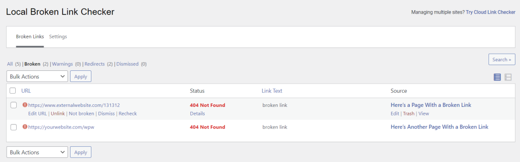 A list of broken links discovered by the Broken Link Checker plugin