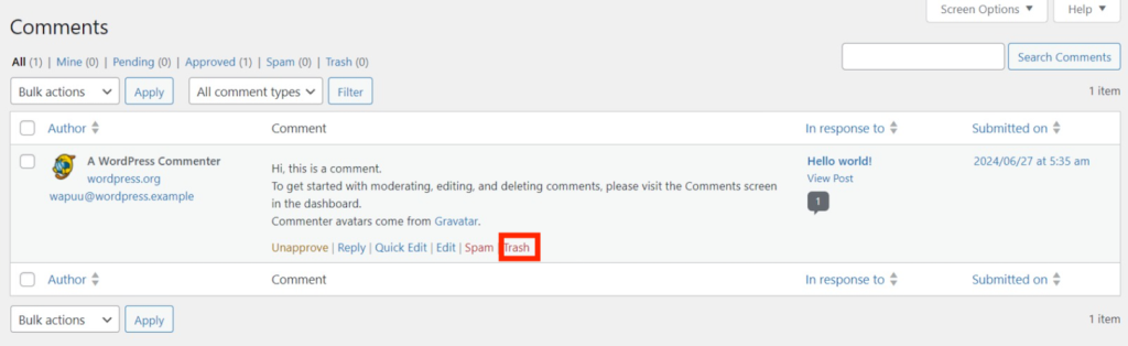 Comment deletion menu in WordPress