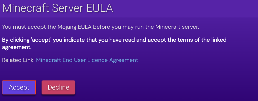 The Minecraft Server EULA pop-up on Game Panel