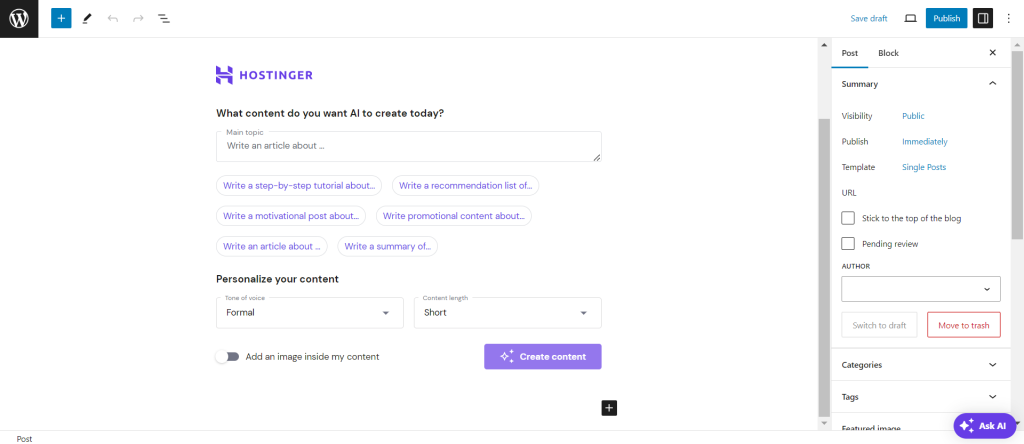 The Hostinger AI Content Creator block on WordPress post editor interface