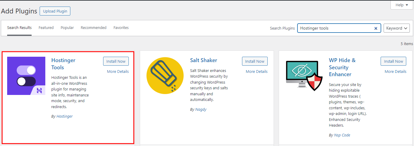 The Hostinger Tools plugin on WordPress official repository is highlighted