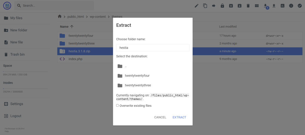 Extracting a zipped theme file in Hostinger's File Manager