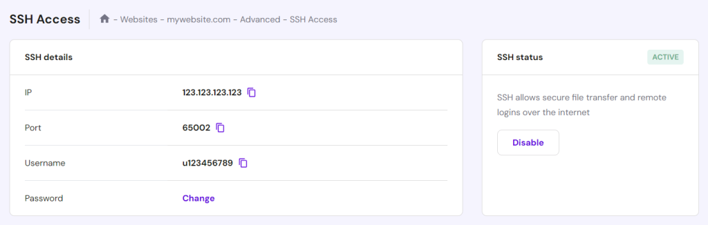 SSH details in Hostinger's hPanel