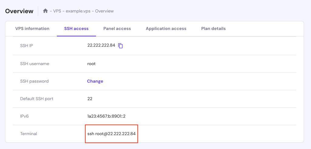 The SSH login credentials in Hostinger's VPS dashboard