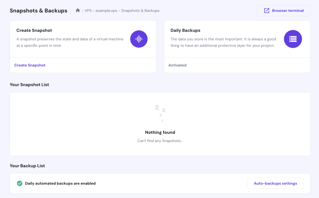 The Snapshots & Backups menu in Hostinger's VPS