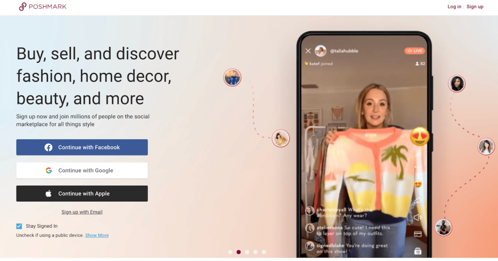 Homepage of Poshmark, an app-based marketplace for buying and selling used clothes