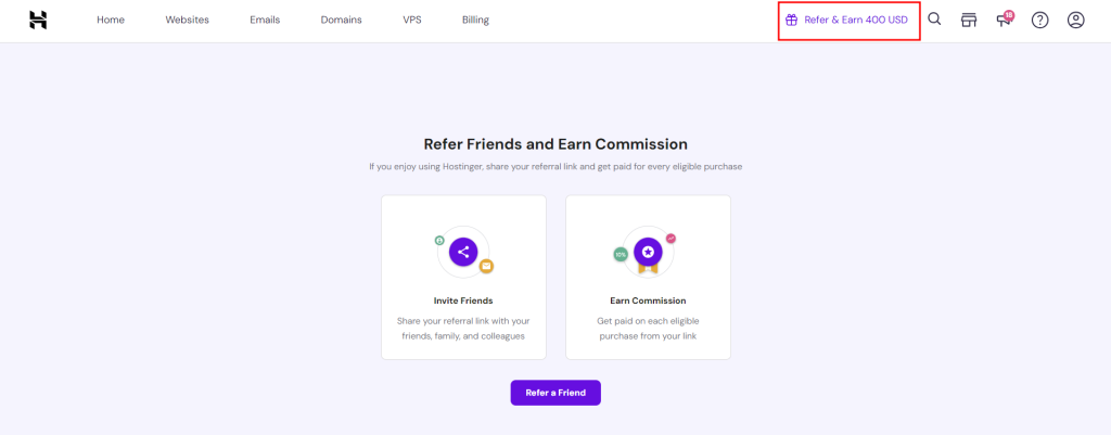 Referral program section in hPanel, highlighting the button to access it