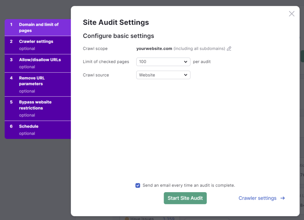A popup for configuring Site Audit settings in Semrush