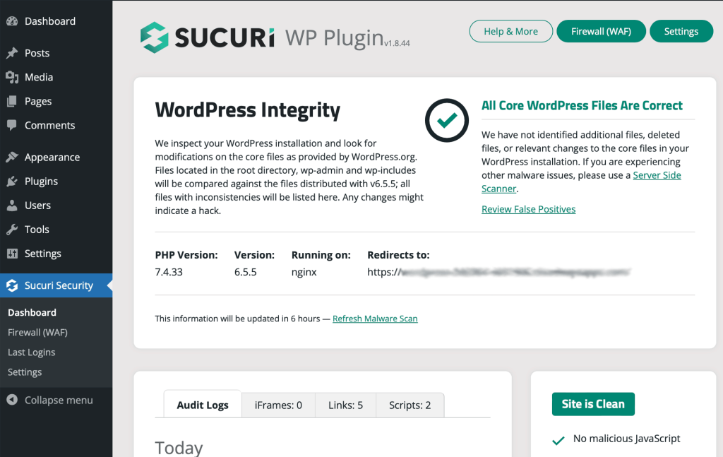 Sucuri WordPress plugin dashboard showing core file integrity, PHP version and site clean status.