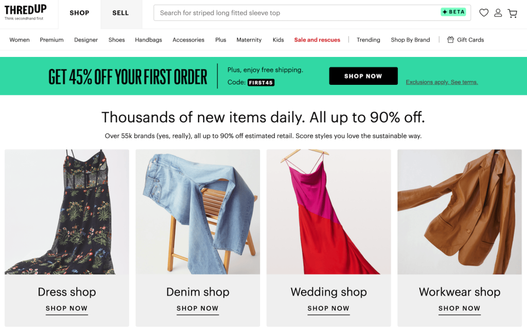 Homepage of ThredUp, an online consignment shop for selling clothes