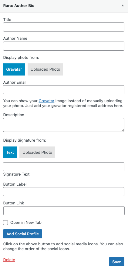 Customization options for the Author Bio widget by RaraTheme Companion