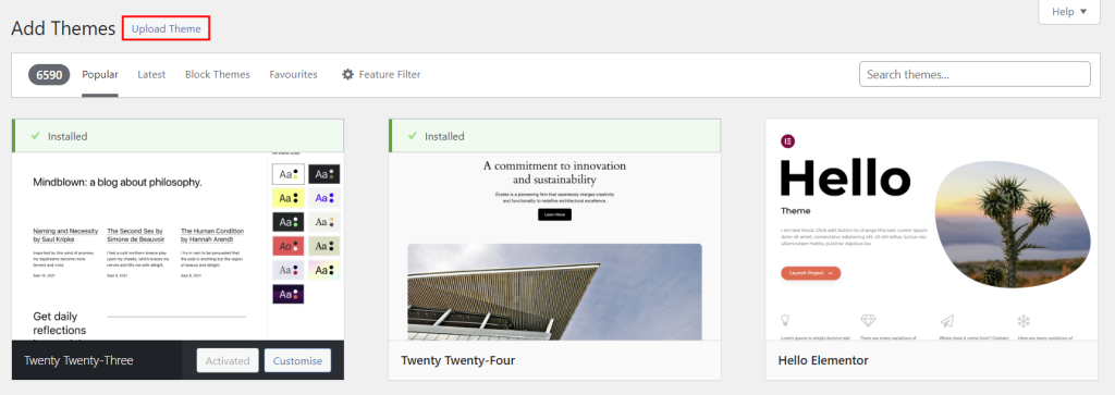 A list of themes in the WordPress directory, highlighting the option to upload user's own theme