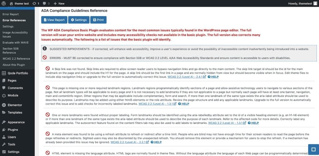 Accessibility error reports by WP ADA Compliance Check Basic