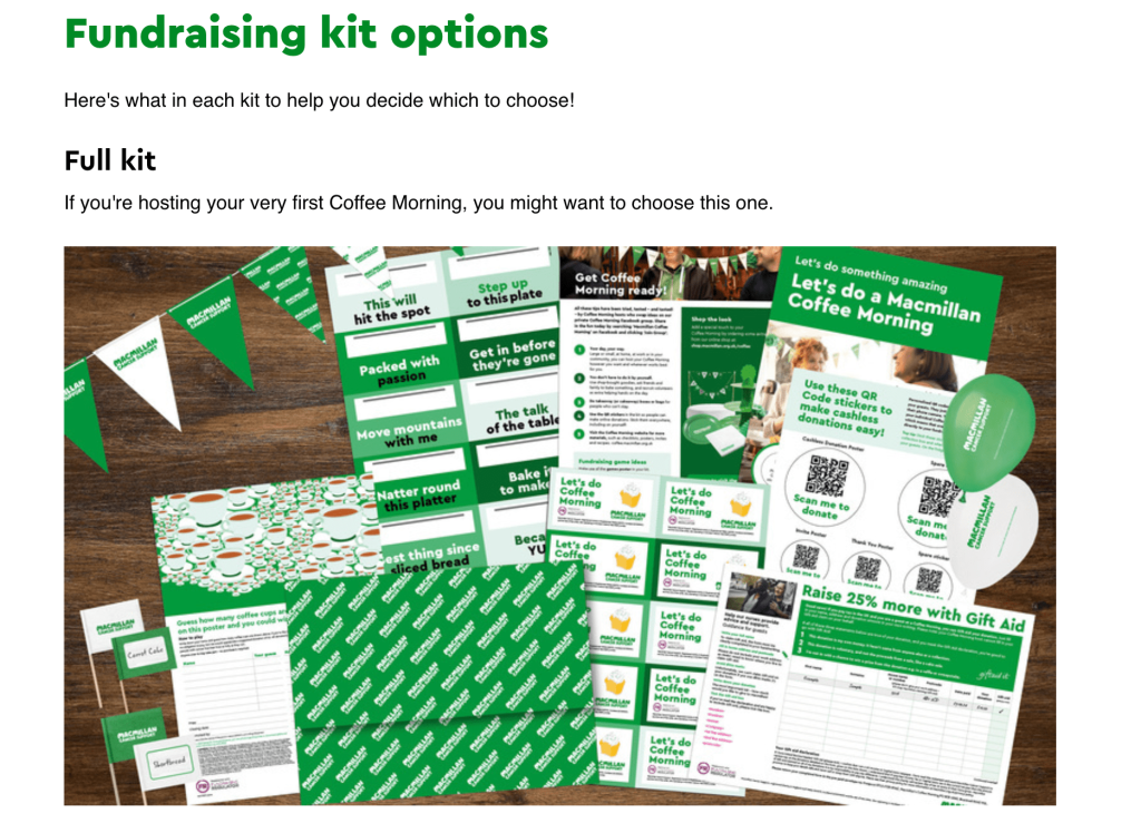 A screenshot of MacMillan's Coffee Morning fundraising kit