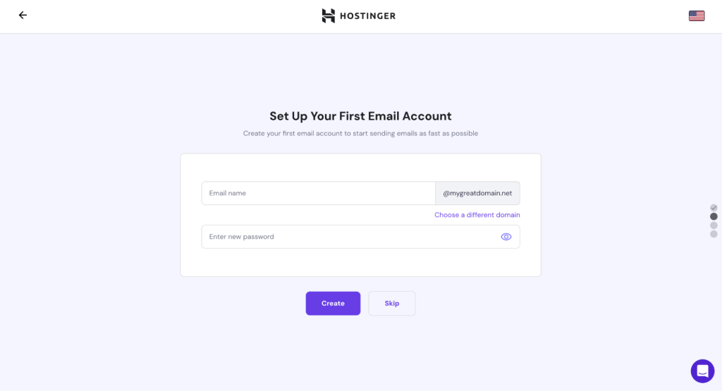 Email account setup screen in Hostinger email onboarding flow