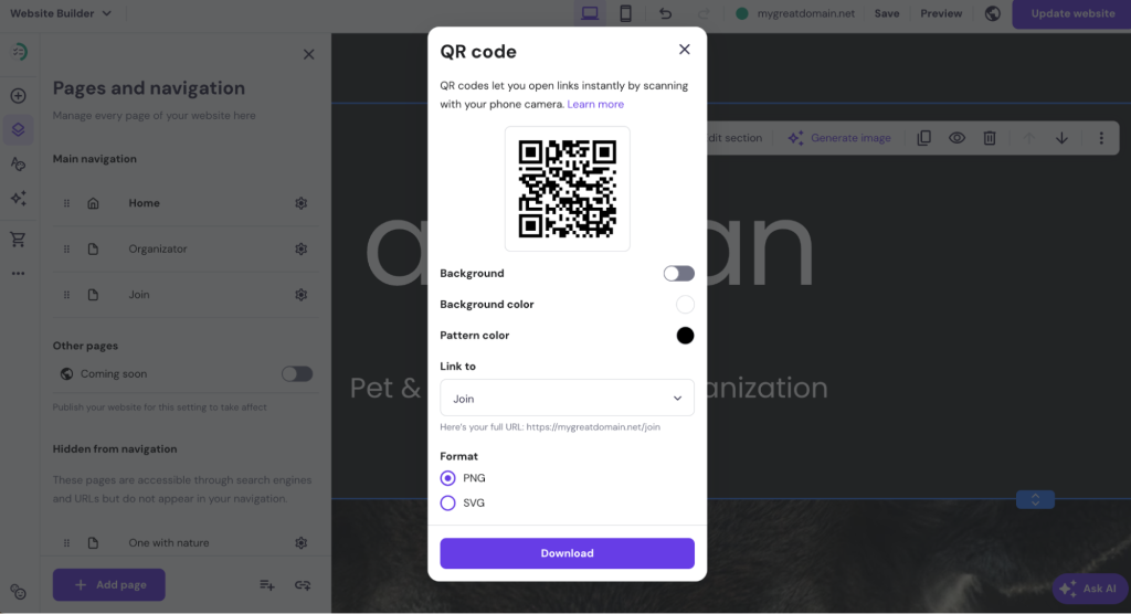 QR code creation popup in Hostinger Website Builder