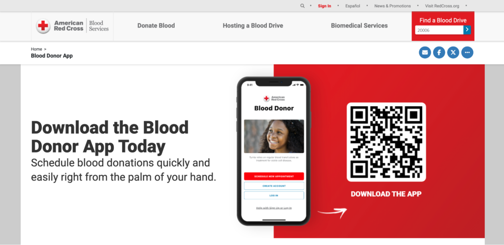 QR code for a blood donor app on American Red Cross' website