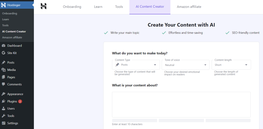 The WordPress dashboard showing Hostinger's AI Content Creator