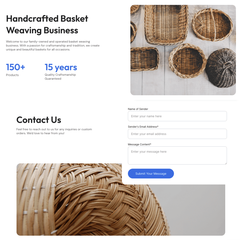 AI-created page for a basket-weaving business with "about" and "contact us" sections