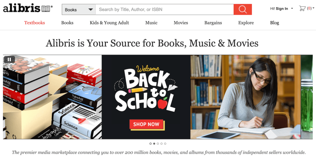 Homepage of Alibris, an online marketplace for buying and selling books, music, and movies