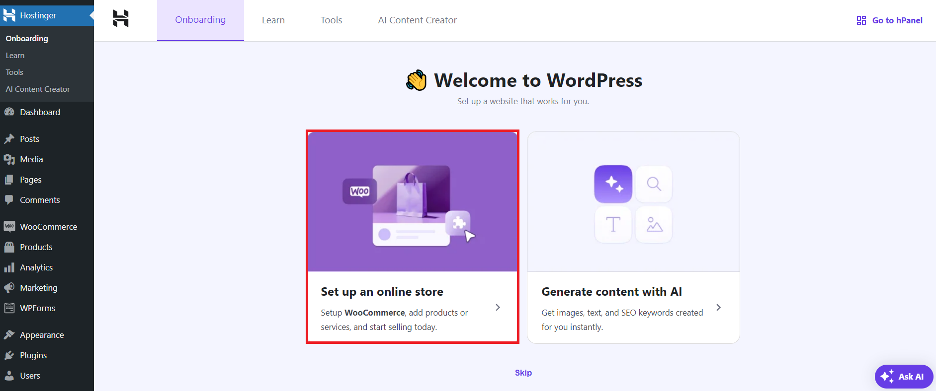 The Hostinger's Easy Onboarding initial setup page for WooCommerce