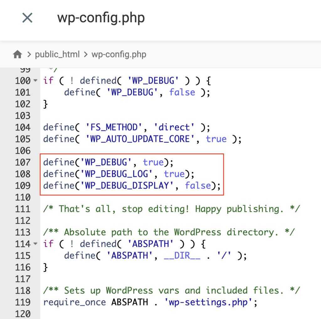 The WP_DEBUG code snippets in the wp-config.php file