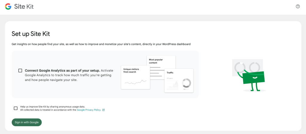 Google Site Kit setup window in WordPress