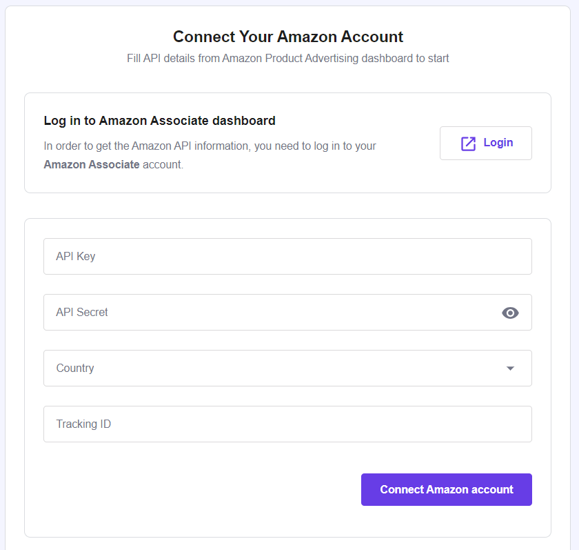 The Connect Your Amazon Account data fields on Hostinger's Amazon Affiliate Connector plugin