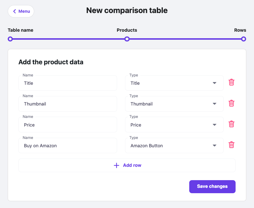 The product data configuration when creating a comparison table using Hostinger Amazon Affiliate Connector plugin