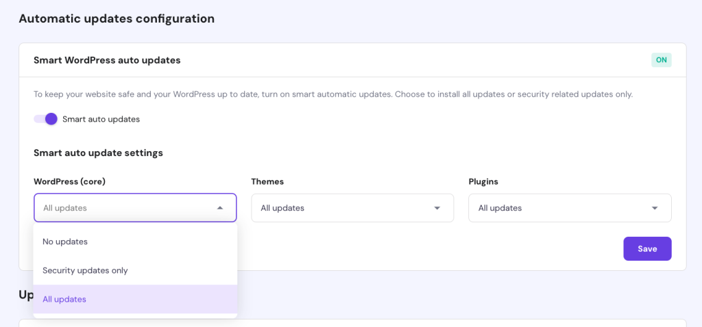 Smart WordPress auto updates feature in Hostinger hPanel