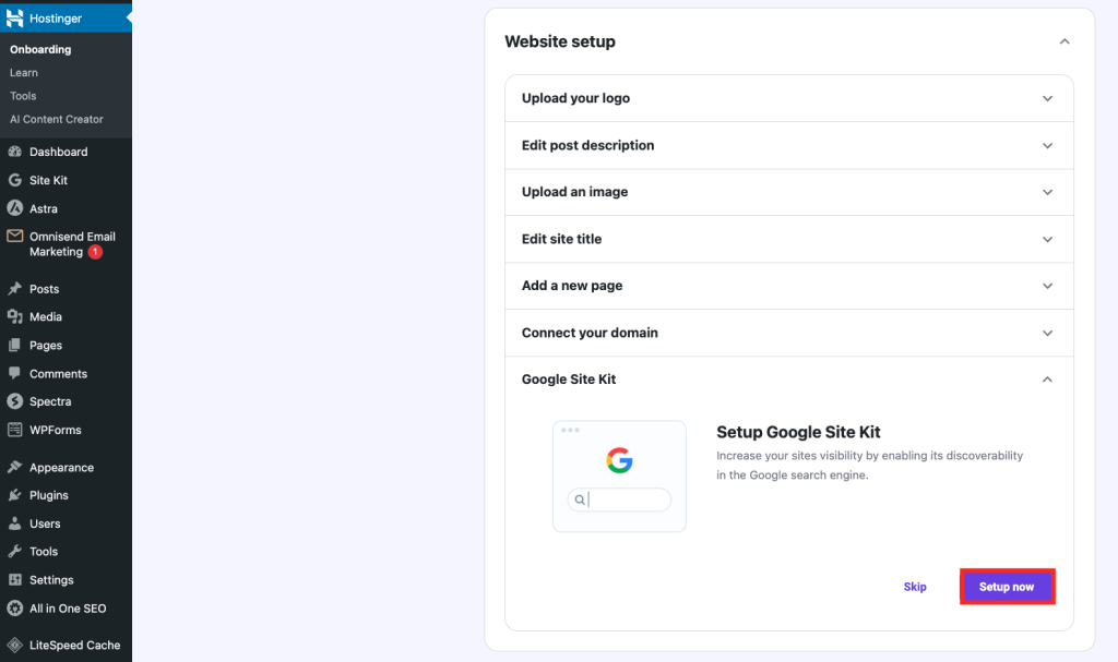 Hostinger onboarding form in WordPress, highlighting the button to set up Google Site Kit