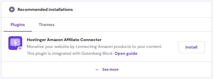 The Hostinger Amazon Affiliate Connector plugin's install button on hPanel