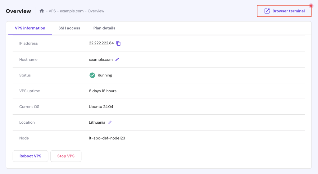 Hostinger VPS' Browser terminal feature