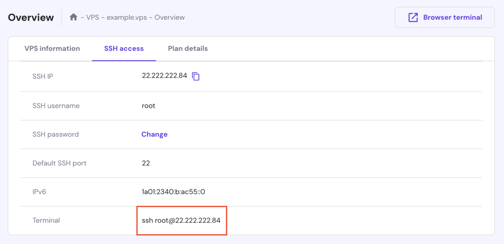 The SSH credentials in hPanel's VPS