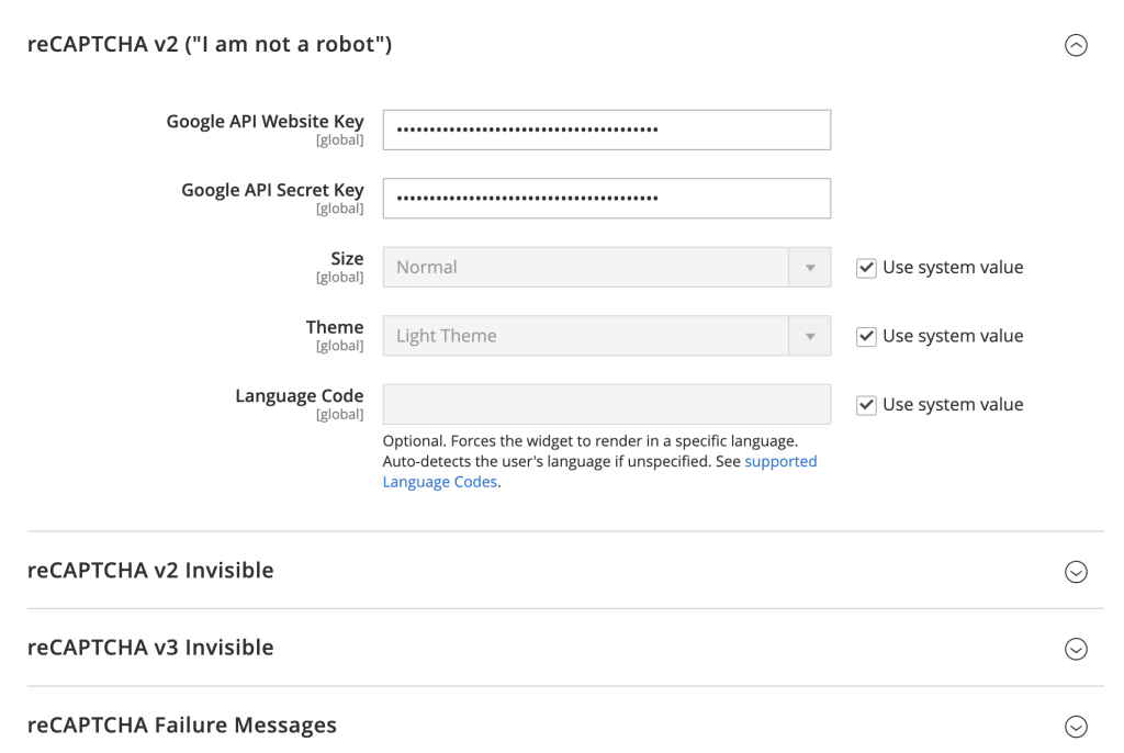 Magento's reCAPTCHA v2 ("I am not a robot") options