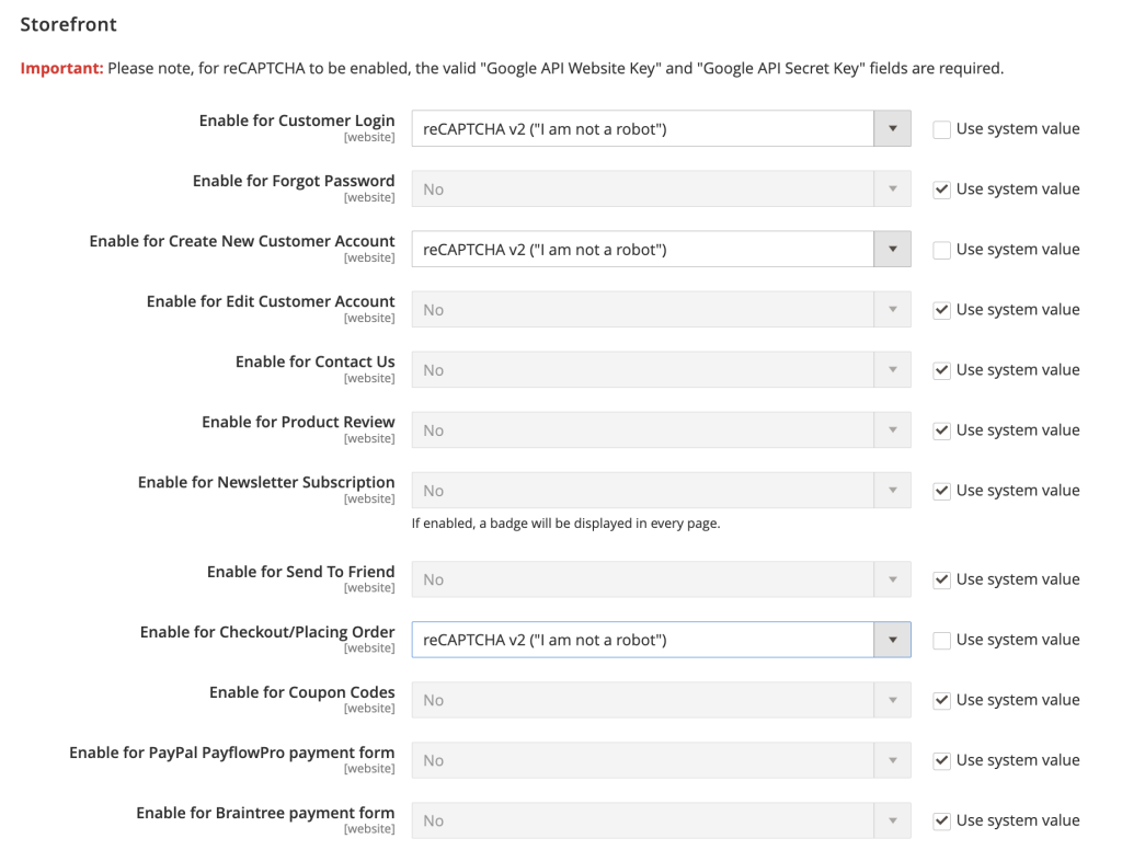 Magento's Google reCAPTCHA Storefront options