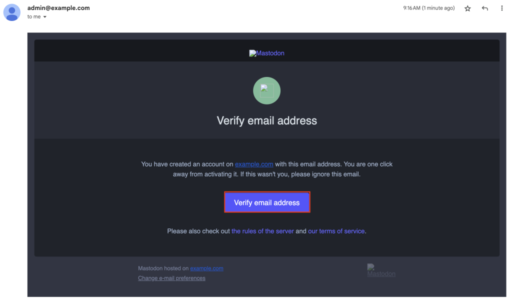 Mastodon's verification email example