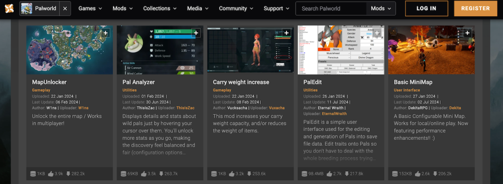 Palworld mods in the Nexus Mods website