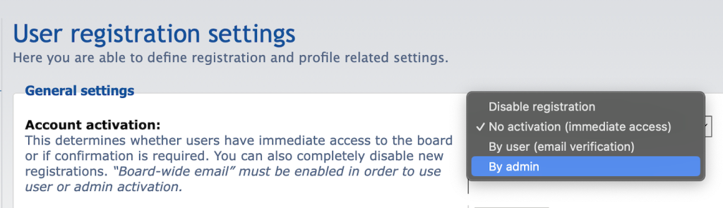 phpBB's user registration setting