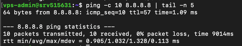 Tail command prints last five lines from ping