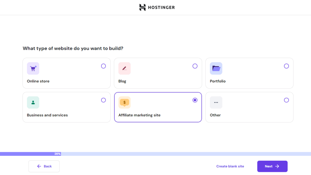 The affiliate website type selected during Hostinger's hPanel onboarding